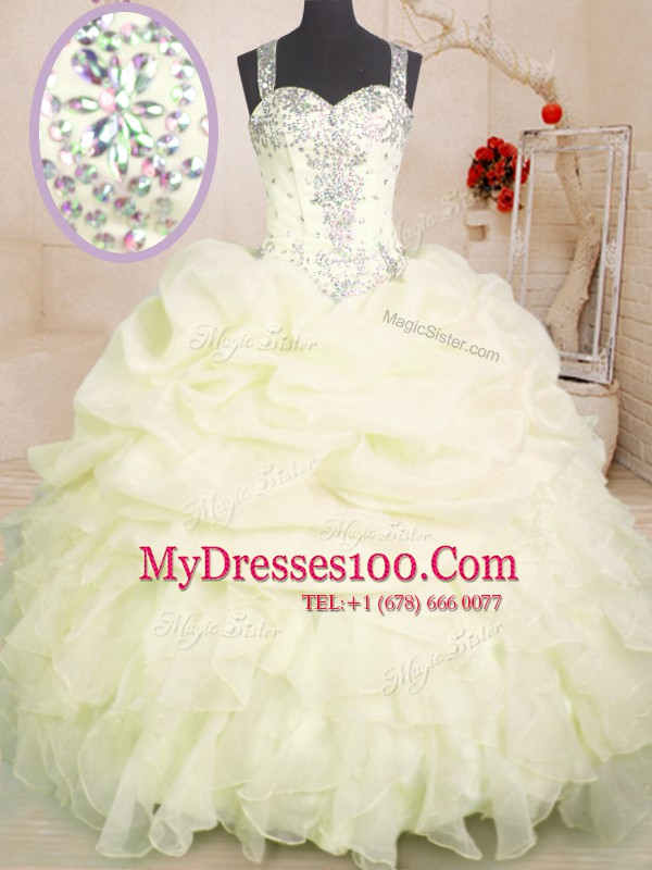 Custom Design Light Yellow Straps Neckline Beading and Ruffles and Pick Ups Quinceanera Gowns Sleeveless Zipper