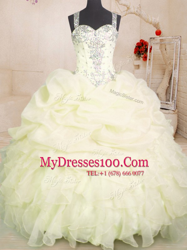 Custom Design Light Yellow Straps Neckline Beading and Ruffles and Pick Ups Quinceanera Gowns Sleeveless Zipper