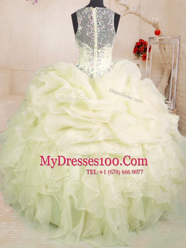 Custom Design Light Yellow Straps Neckline Beading and Ruffles and Pick Ups Quinceanera Gowns Sleeveless Zipper