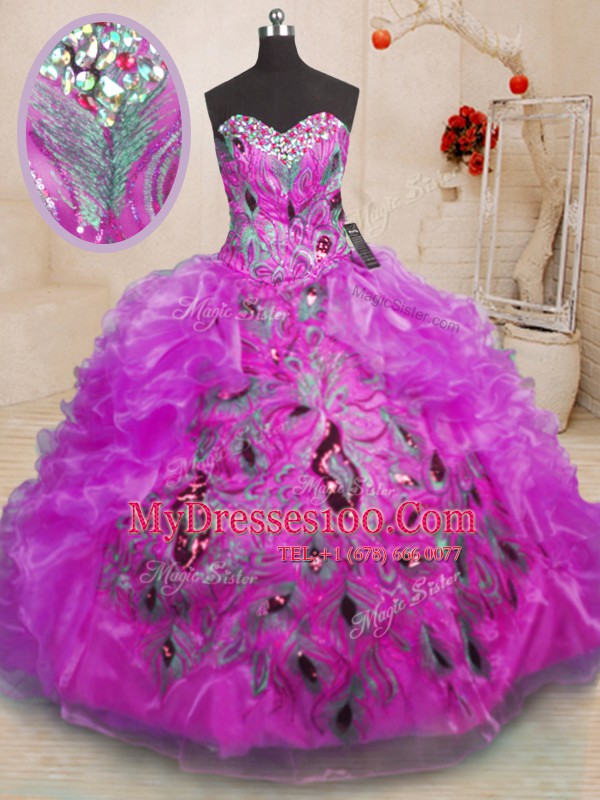 Best Selling Sweetheart Sleeveless Zipper Quinceanera Gowns Purple Organza