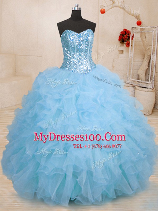 Baby Blue Sleeveless Floor Length Beading and Ruffles Lace Up Quince Ball Gowns