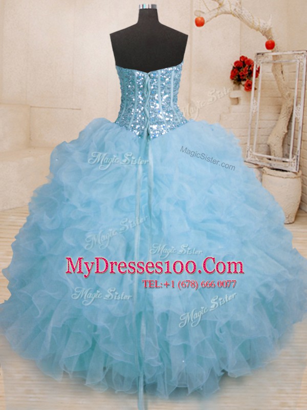 Baby Blue Sleeveless Floor Length Beading and Ruffles Lace Up Quince Ball Gowns