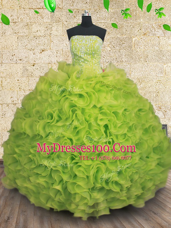 Yellow Green Ball Gowns Strapless Sleeveless Organza Floor Length Lace Up Beading and Ruffles Sweet 16 Dress