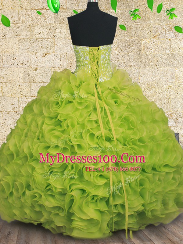 Yellow Green Ball Gowns Strapless Sleeveless Organza Floor Length Lace Up Beading and Ruffles Sweet 16 Dress