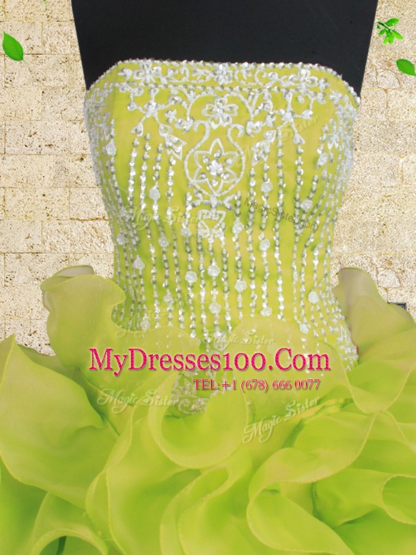 Yellow Green Ball Gowns Strapless Sleeveless Organza Floor Length Lace Up Beading and Ruffles Sweet 16 Dress