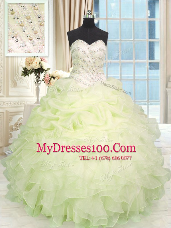 Beauteous Light Yellow Organza Lace Up Sweetheart Sleeveless Floor Length 15 Quinceanera Dress Beading and Ruffles