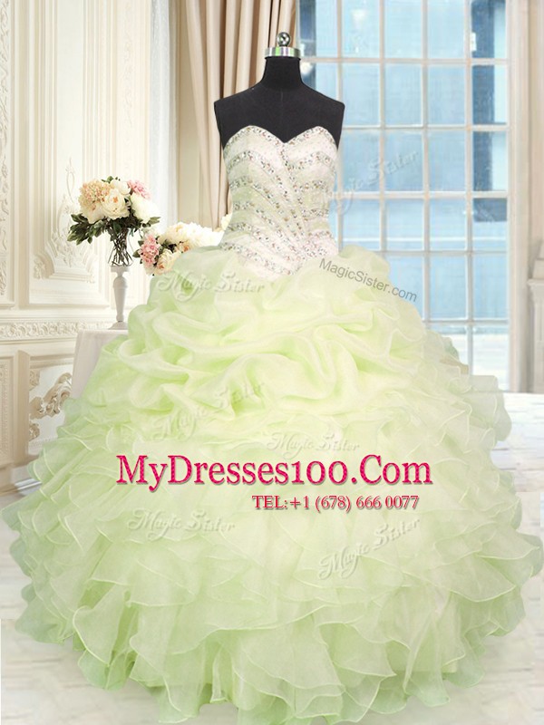 Beauteous Light Yellow Organza Lace Up Sweetheart Sleeveless Floor Length 15 Quinceanera Dress Beading and Ruffles