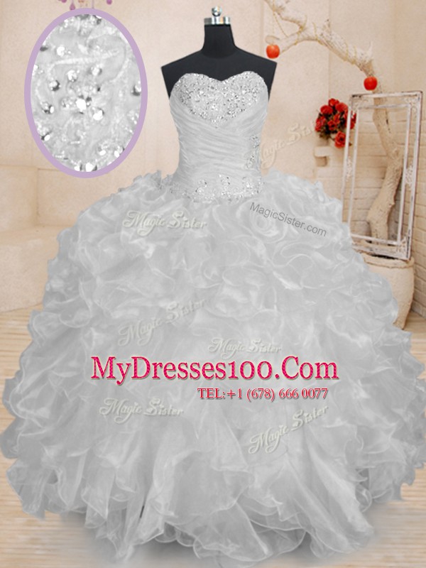 White Lace Up Sweet 16 Dress Beading and Ruffles Sleeveless Floor Length