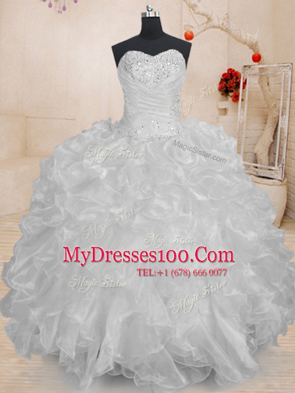 White Lace Up Sweet 16 Dress Beading and Ruffles Sleeveless Floor Length