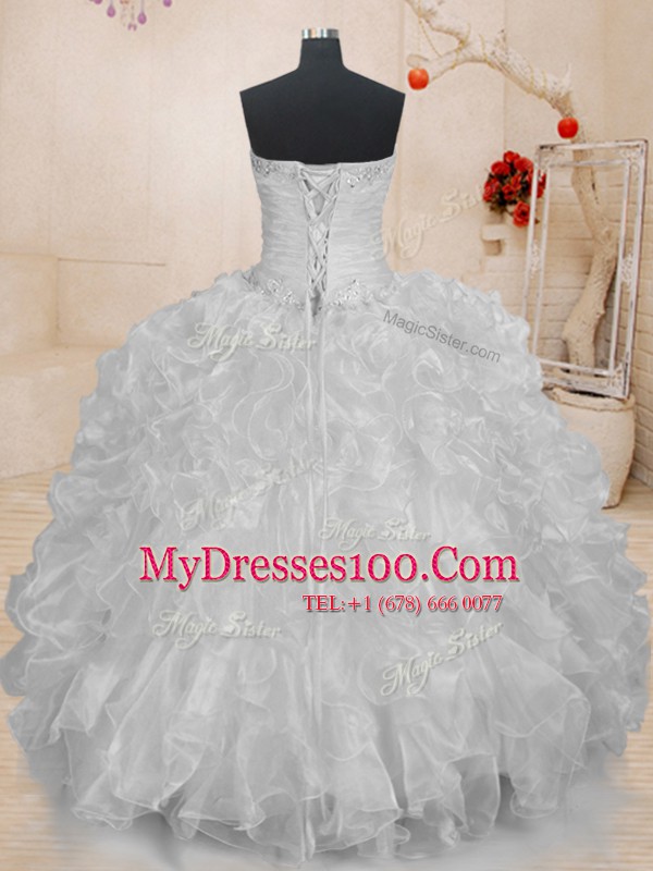 White Lace Up Sweet 16 Dress Beading and Ruffles Sleeveless Floor Length