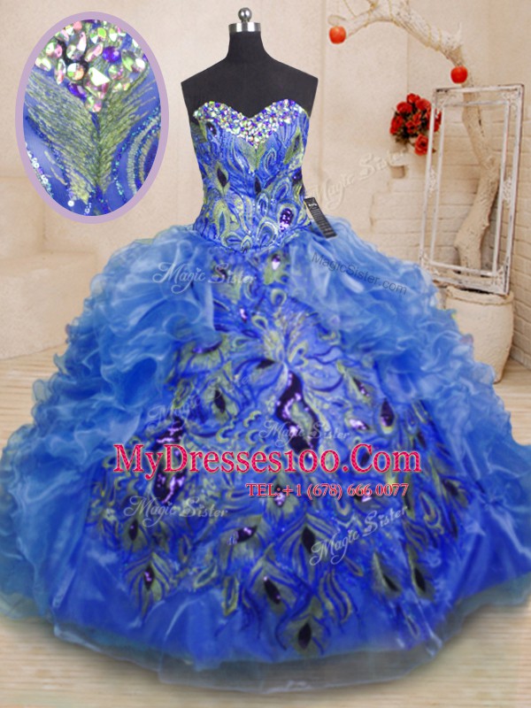 Low Price Sweetheart Sleeveless Quinceanera Gowns Floor Length Beading and Appliques and Ruffles Blue Organza