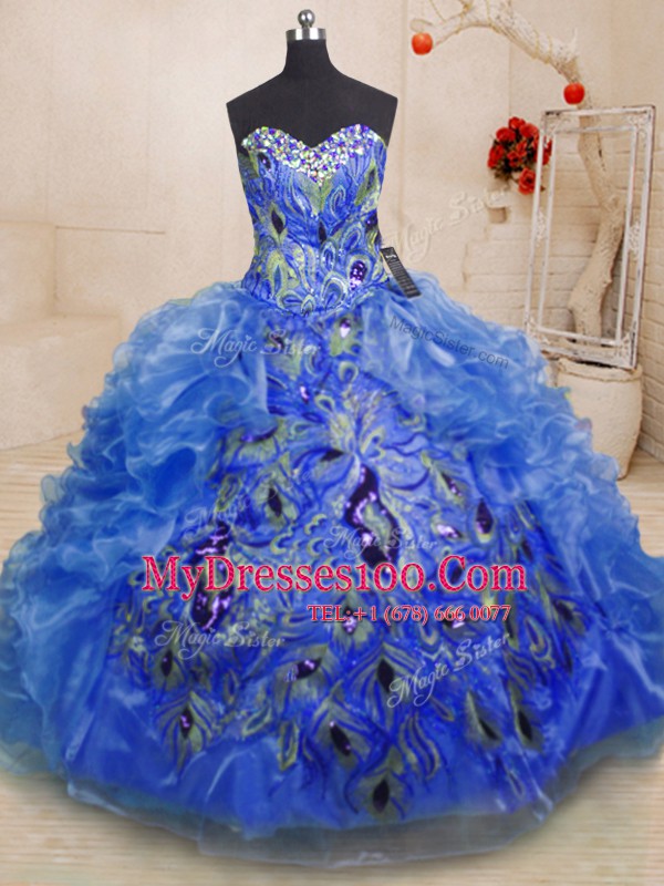 Low Price Sweetheart Sleeveless Quinceanera Gowns Floor Length Beading and Appliques and Ruffles Blue Organza