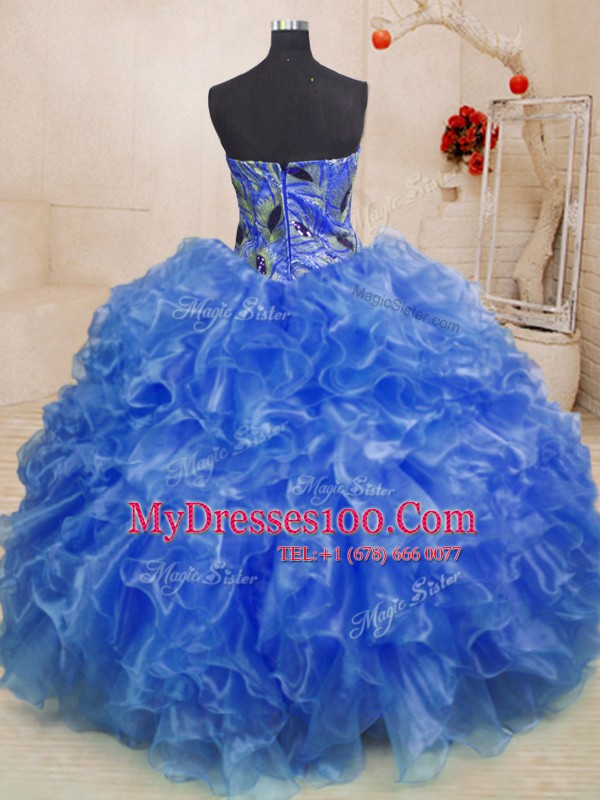 Low Price Sweetheart Sleeveless Quinceanera Gowns Floor Length Beading and Appliques and Ruffles Blue Organza