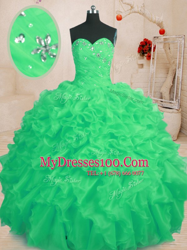 Captivating Green Ball Gowns Organza Sweetheart Sleeveless Beading and Ruffles Floor Length Lace Up Quinceanera Gowns