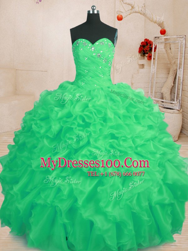 Captivating Green Ball Gowns Organza Sweetheart Sleeveless Beading and Ruffles Floor Length Lace Up Quinceanera Gowns