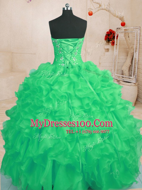 Captivating Green Ball Gowns Organza Sweetheart Sleeveless Beading and Ruffles Floor Length Lace Up Quinceanera Gowns