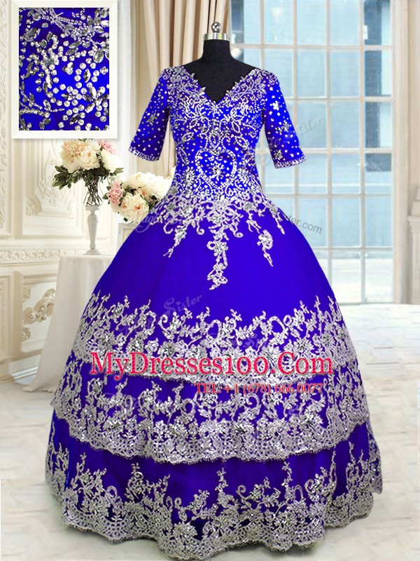 Customized V-neck Half Sleeves Satin and Tulle Sweet 16 Quinceanera Dress Appliques and Ruffled Layers Zipper