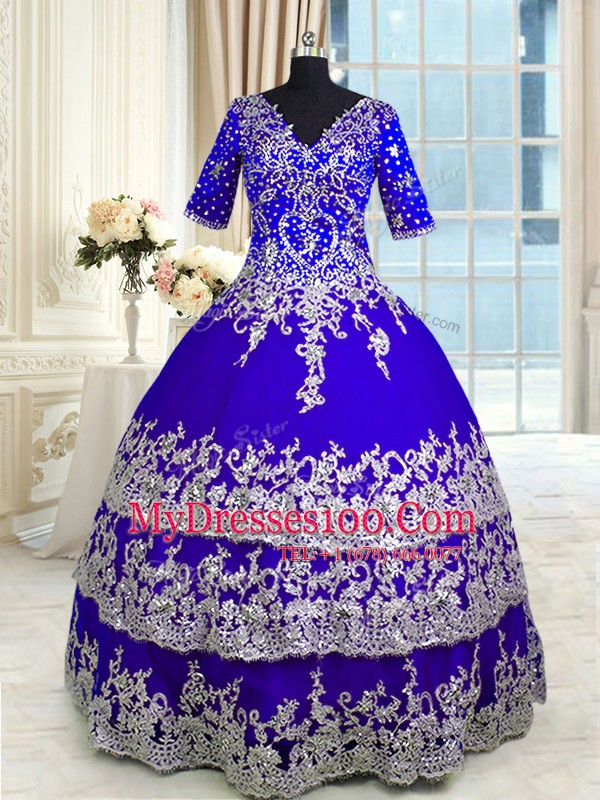 Customized V-neck Half Sleeves Satin and Tulle Sweet 16 Quinceanera Dress Appliques and Ruffled Layers Zipper