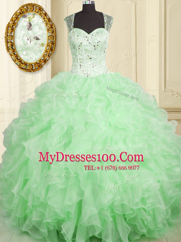 Cute Sleeveless Floor Length Beading and Ruffles Lace Up Sweet 16 Dresses with