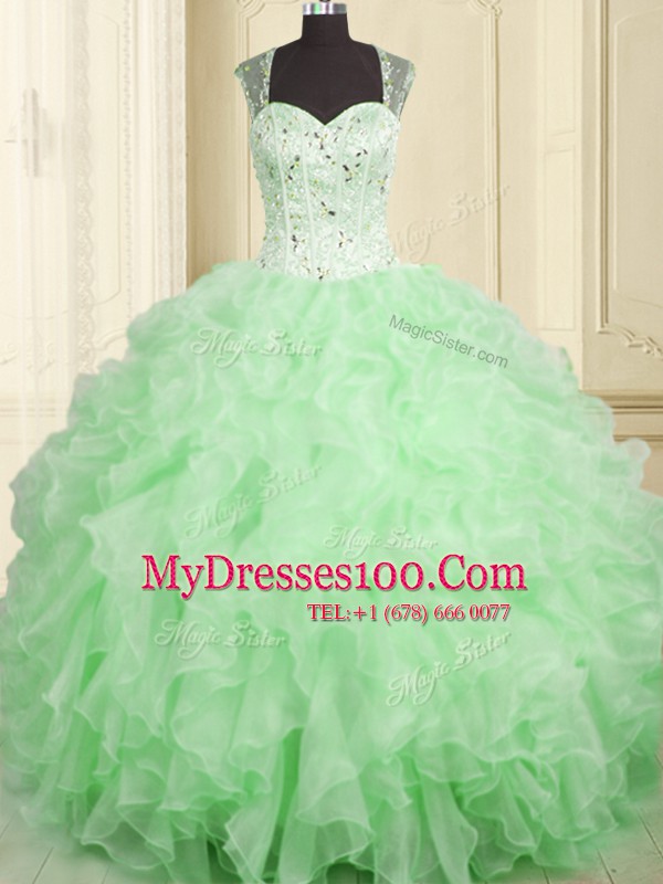 Cute Sleeveless Floor Length Beading and Ruffles Lace Up Sweet 16 Dresses with