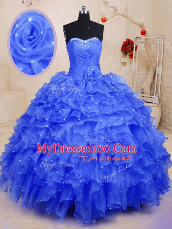 Modest Blue Sweetheart Lace Up Beading and Ruffles and Hand Made Flower Quinceanera Gown Sleeveless
