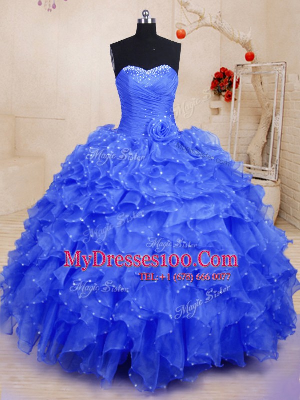 Modest Blue Sweetheart Lace Up Beading and Ruffles and Hand Made Flower Quinceanera Gown Sleeveless