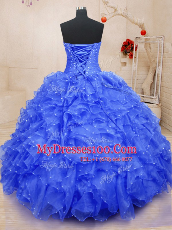 Modest Blue Sweetheart Lace Up Beading and Ruffles and Hand Made Flower Quinceanera Gown Sleeveless