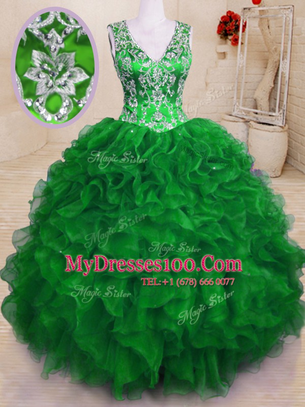 High Class Green Ball Gowns Beading and Embroidery and Ruffles Vestidos de Quinceanera Zipper Organza Sleeveless Floor Length