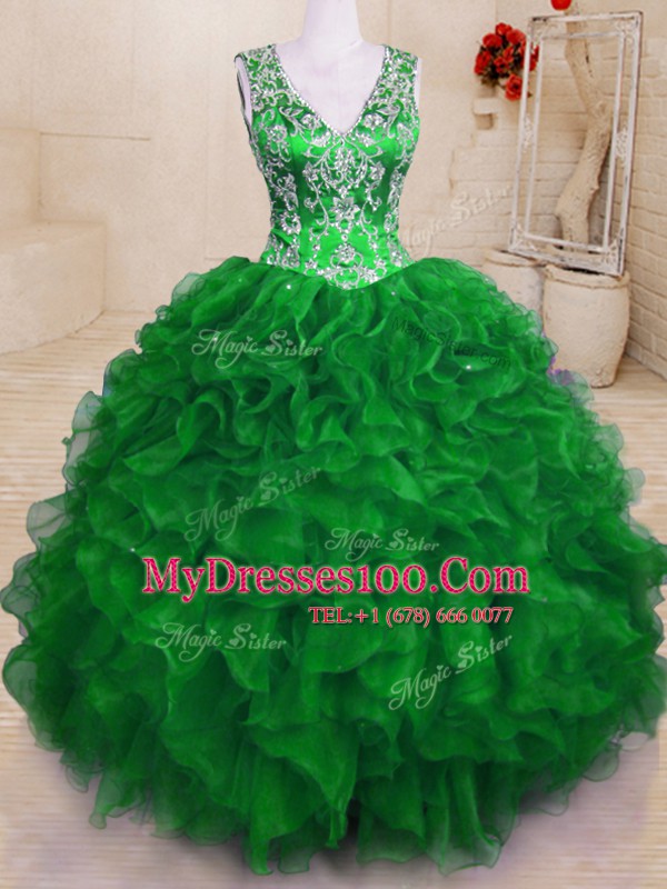 High Class Green Ball Gowns Beading and Embroidery and Ruffles Vestidos de Quinceanera Zipper Organza Sleeveless Floor Length