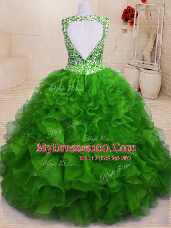 High Class Green Ball Gowns Beading and Embroidery and Ruffles Vestidos de Quinceanera Zipper Organza Sleeveless Floor Length