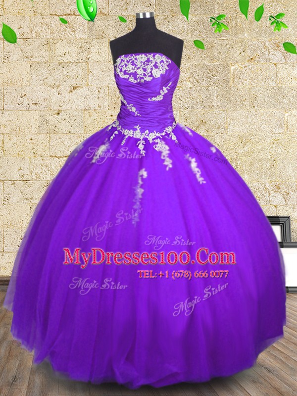 Purple Sleeveless Floor Length Appliques and Ruching Lace Up Quinceanera Dresses