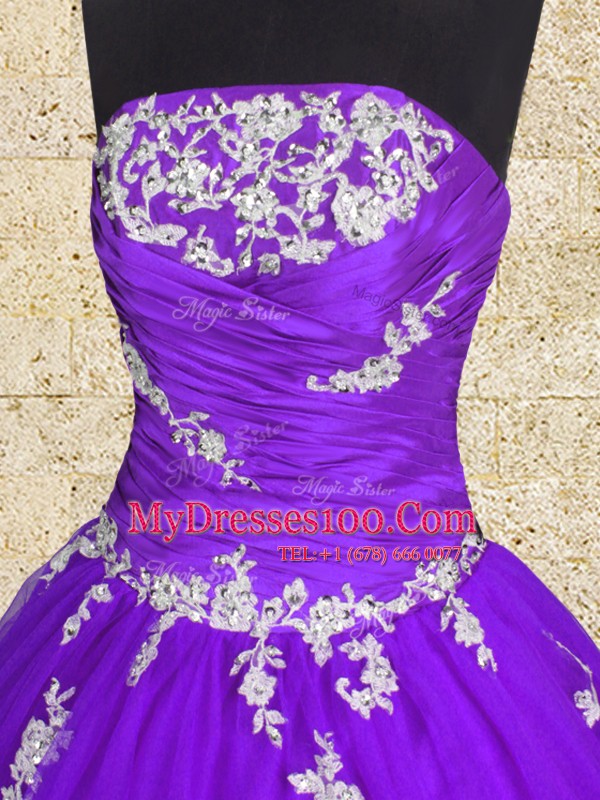Purple Sleeveless Floor Length Appliques and Ruching Lace Up Quinceanera Dresses