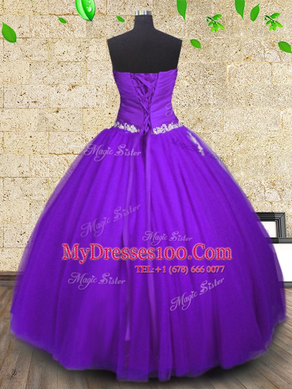 Purple Sleeveless Floor Length Appliques and Ruching Lace Up Quinceanera Dresses