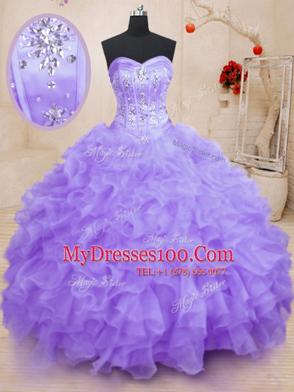 Gorgeous Lavender Sleeveless Floor Length Beading and Ruffles Lace Up Sweet 16 Dress