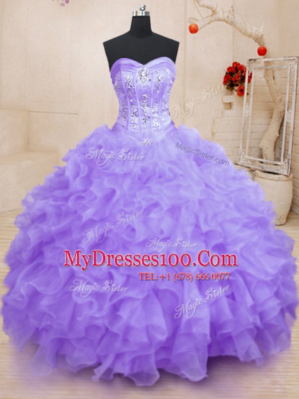 Gorgeous Lavender Sleeveless Floor Length Beading and Ruffles Lace Up Sweet 16 Dress