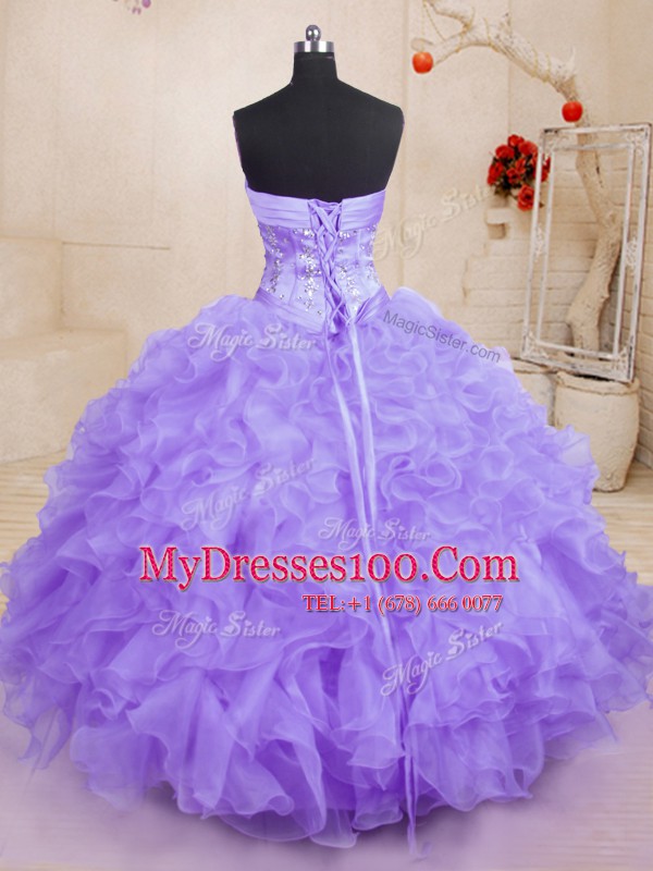 Gorgeous Lavender Sleeveless Floor Length Beading and Ruffles Lace Up Sweet 16 Dress