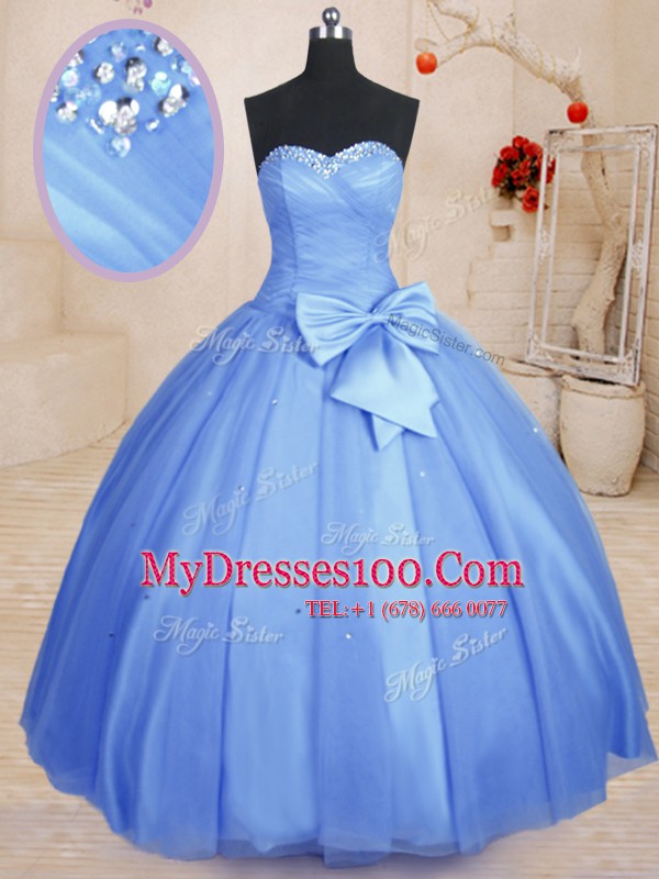 Sleeveless Floor Length Beading and Bowknot Lace Up Quince Ball Gowns with Light Blue