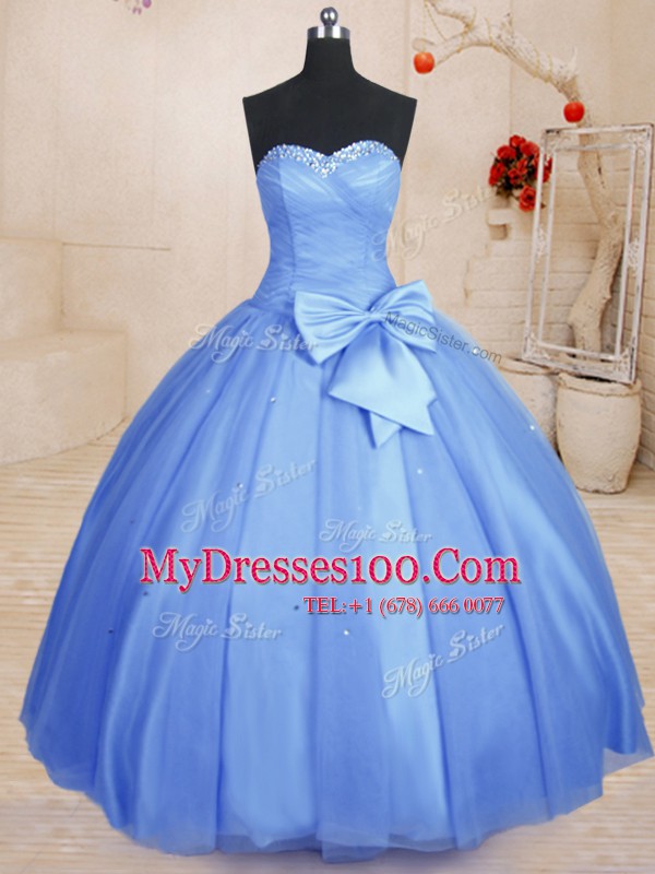 Sleeveless Floor Length Beading and Bowknot Lace Up Quince Ball Gowns with Light Blue