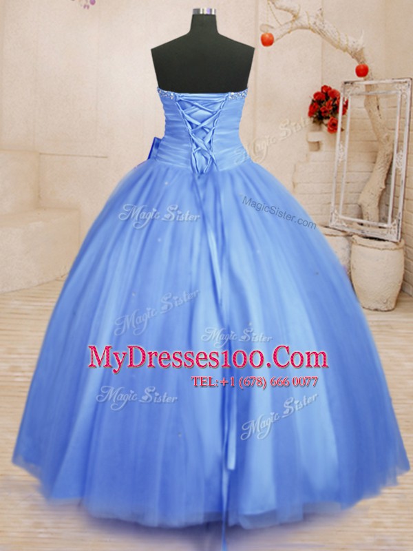 Sleeveless Floor Length Beading and Bowknot Lace Up Quince Ball Gowns with Light Blue