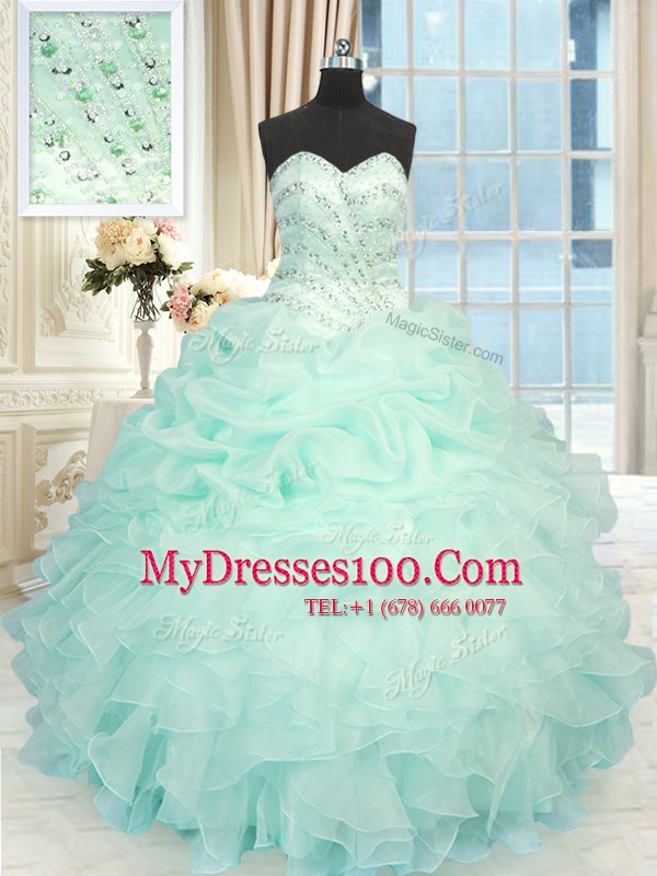 Apple Green Organza Lace Up Quinceanera Dress Sleeveless Floor Length Beading and Ruffles