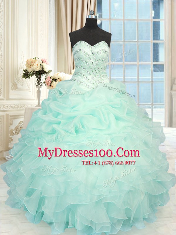 Apple Green Organza Lace Up Quinceanera Dress Sleeveless Floor Length Beading and Ruffles