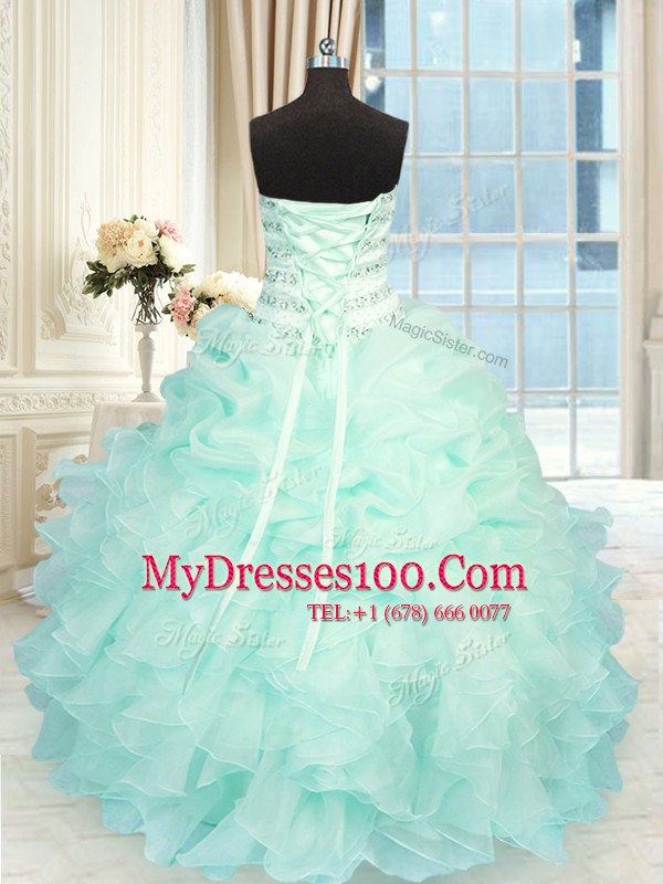 Apple Green Organza Lace Up Quinceanera Dress Sleeveless Floor Length Beading and Ruffles