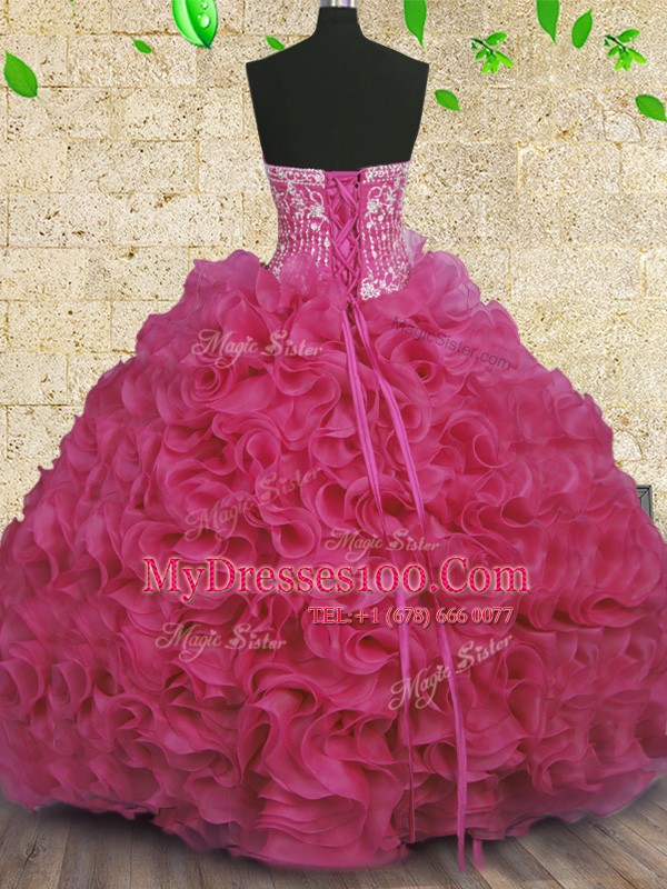 Ball Gowns Quinceanera Dresses Hot Pink Strapless Organza Sleeveless Floor Length Lace Up