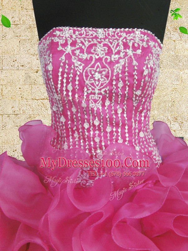 Ball Gowns Quinceanera Dresses Hot Pink Strapless Organza Sleeveless Floor Length Lace Up