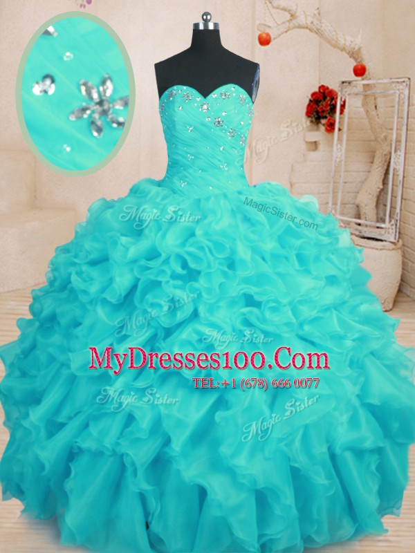 Aqua Blue 15th Birthday Dress Military Ball and Sweet 16 and Quinceanera and For with Beading and Ruffles Sweetheart Sleeveless Lace Up