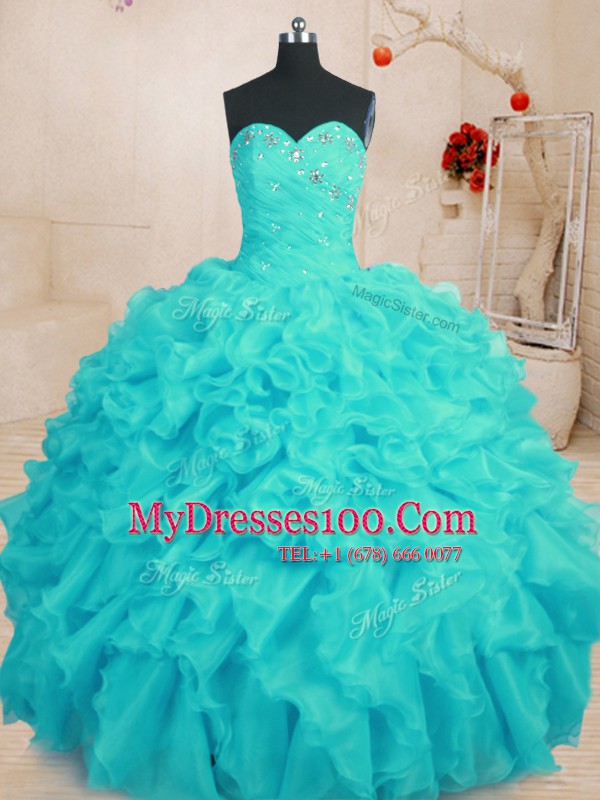 Aqua Blue 15th Birthday Dress Military Ball and Sweet 16 and Quinceanera and For with Beading and Ruffles Sweetheart Sleeveless Lace Up