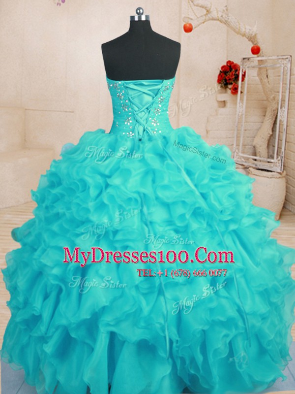 Aqua Blue 15th Birthday Dress Military Ball and Sweet 16 and Quinceanera and For with Beading and Ruffles Sweetheart Sleeveless Lace Up