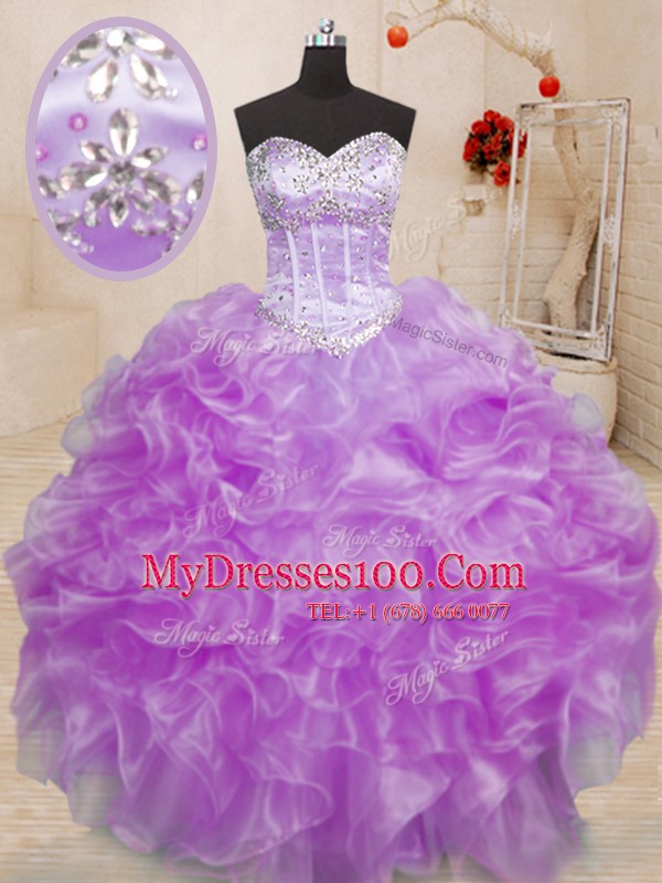 Cute Sleeveless Floor Length Beading and Ruffles Lace Up Sweet 16 Dresses with Lilac