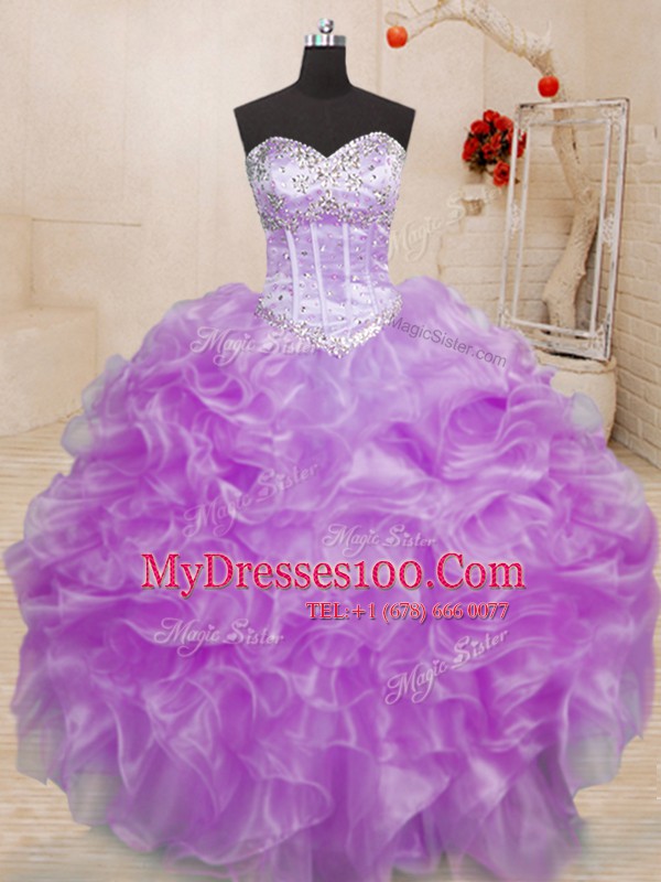 Cute Sleeveless Floor Length Beading and Ruffles Lace Up Sweet 16 Dresses with Lilac