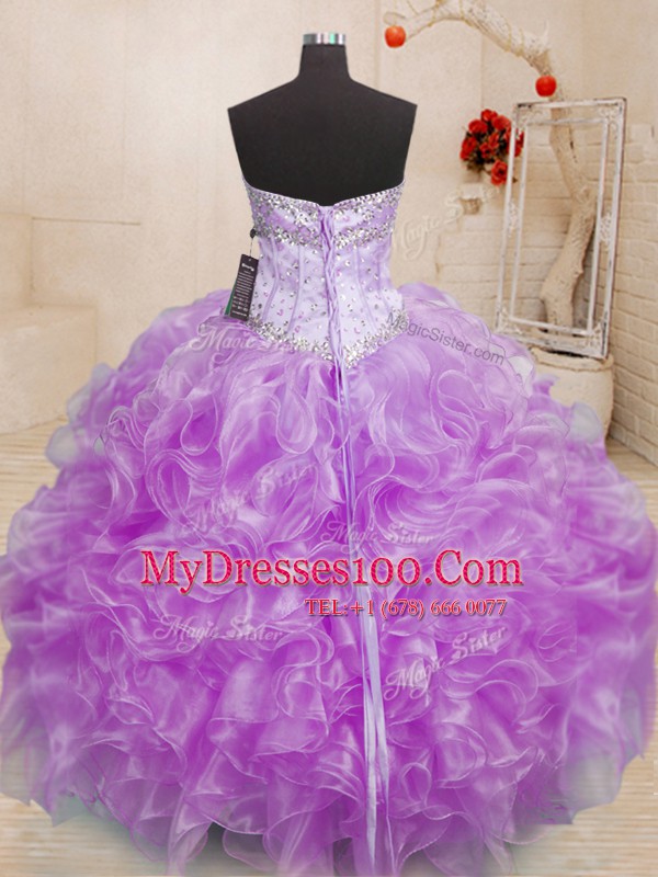 Cute Sleeveless Floor Length Beading and Ruffles Lace Up Sweet 16 Dresses with Lilac